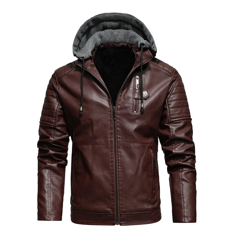 Autumn and Winter Leather Jacket for Men Jacket for Men Motorcycle Jacket with Velvet Hooded