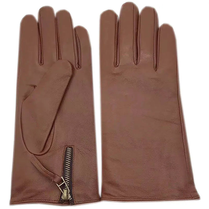 Winter Men's Gloves Wrist Zipper Large Genuine Leather Gloves Black Lining Machine Sewn Warm Driving