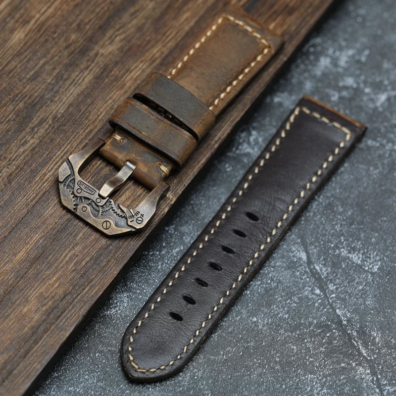 Handmade Vintage Leather Watchband Bronze Watch Buckle 22 24 26MM Brown Men's Bracelet Vintage Style