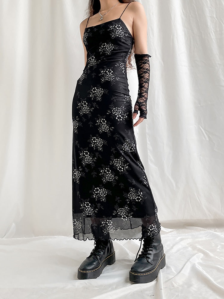 Dark Mall Gothic Aesthetic Floral Midi Dresses Women Retro Grunge Mesh Summer Long Dress Slim Alt Partywear