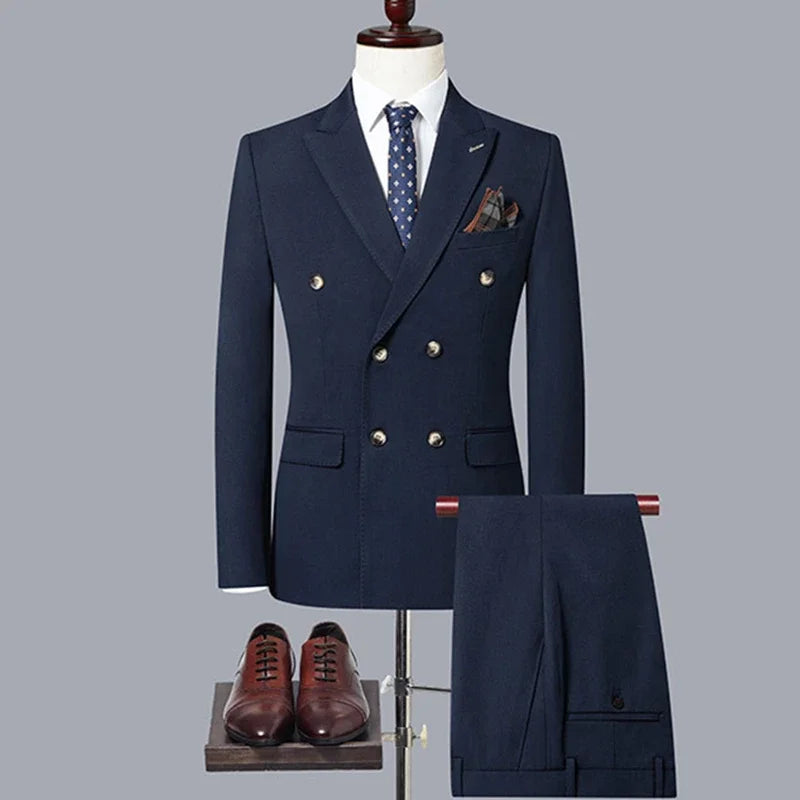 Men's Casual Boutique Double Breasted Business Suit Jacket Trousers Pants Set Blazers Coat