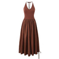 Drawstring Summer Dress Women Casual Backless Halter Burgundy A-line Midi Dress