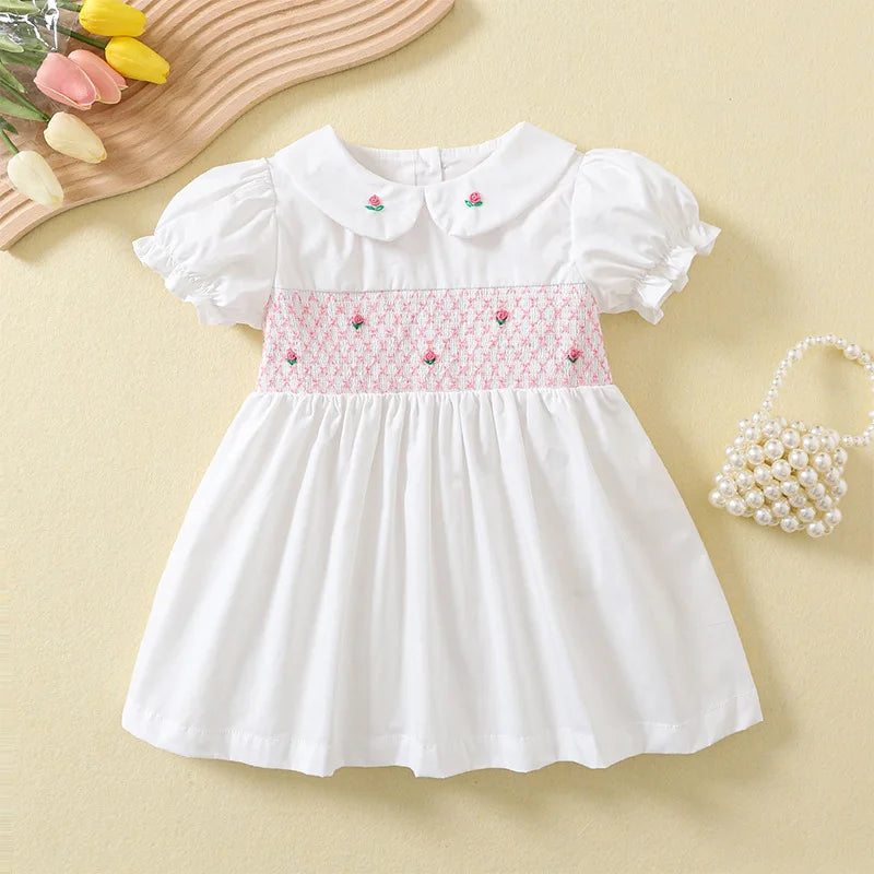 Baby Girls White Party Dresses With Flower Embroidery & Smocking Toddler Girl Cotton Dress Children Summer Clothing