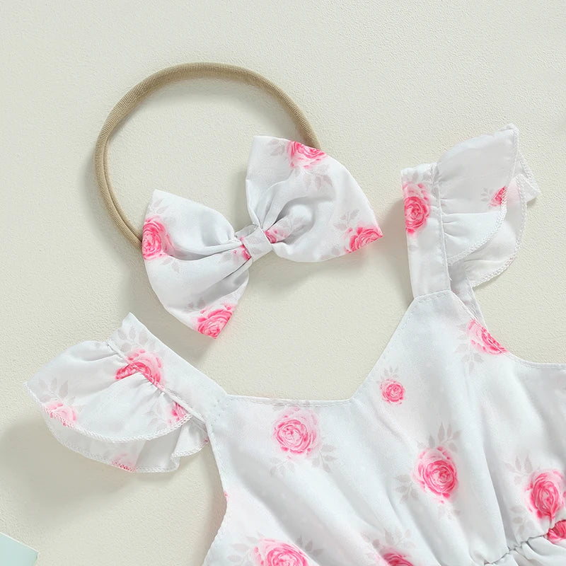 Summer Infant Baby Girls Casual Bodysuit Dress White Flying Sleeve Floral Print Jumpsuit Bow Headband Clothes