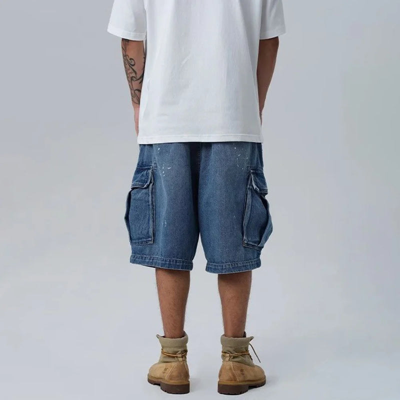 Men Denim Shorts Summer Trend High Street Loose Straight Wide-Leg Pants Men