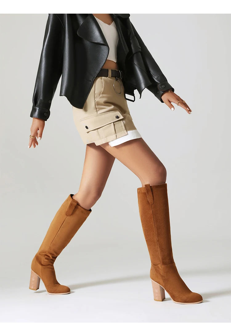 Women Knee Boots With Wood Grain Thick Heels Slip-On Boots