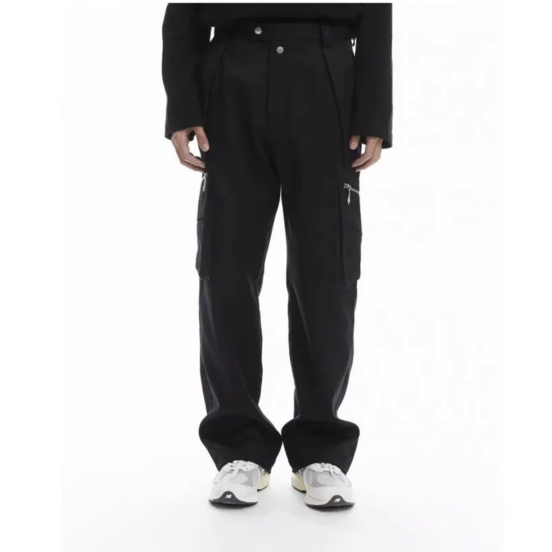 Men's Darkwear Tide Zipper Cargo Pants Wide Leg Multi Pockets Chic Casual Overalls