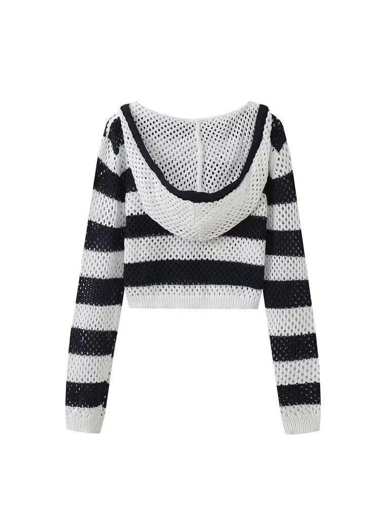 Spring Knitted Tops Woman Trendy Black White Stripes Hooded Hollow Out Female Casual Pullovers