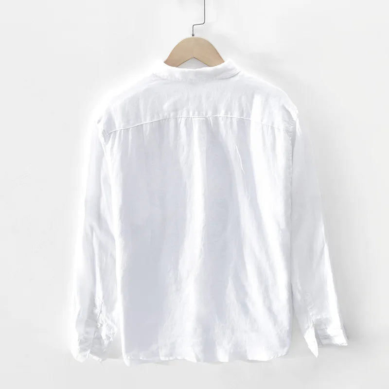 Autamn And Spring Thin Artistic Linen Shirt Men's Long-sleeved Loose Small Collar Linen Shirt White  Fabric Top