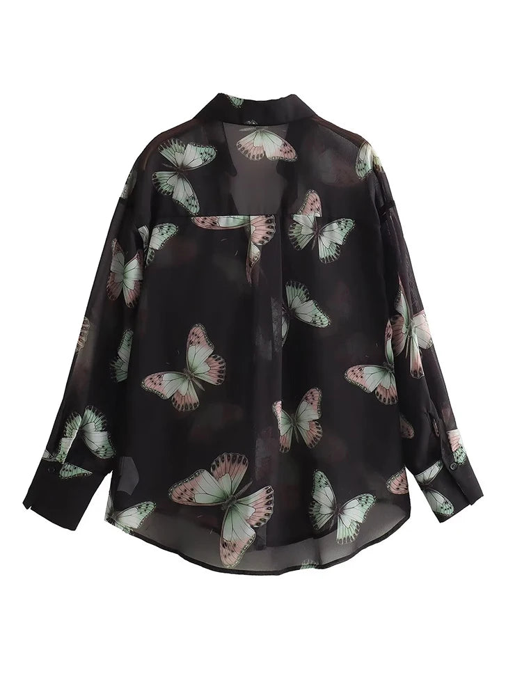 Women Butterfly Shirt Long Sleeve Lapel Collar Ladies Casual Chiffon Blouse Loose