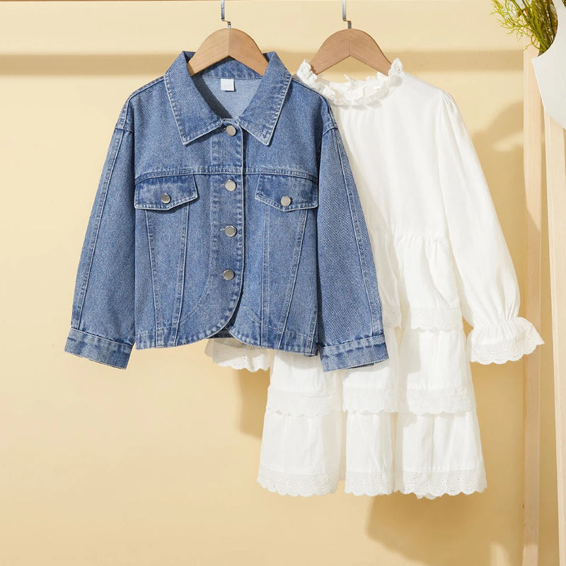 Denim Jacket with White Lace-Trim Dress for Girls