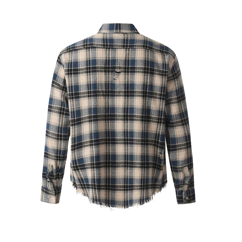 Raw Edge Plaid Long Sleeve Shirts Mens Ripped Retro