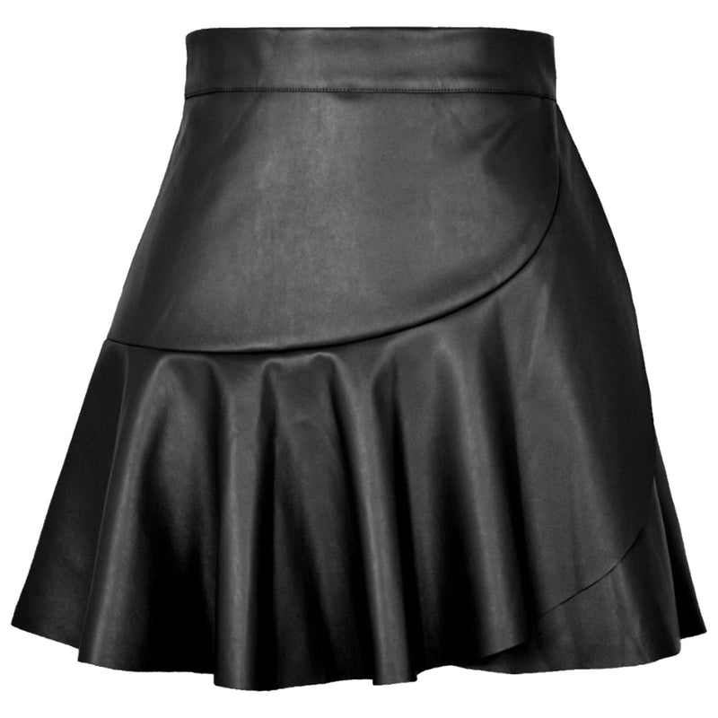 Womens Side Invisible Zipper High Waist Leather Skirts Irregular Ruffled Mini Skirt Rave Party Clubwear Streetwear