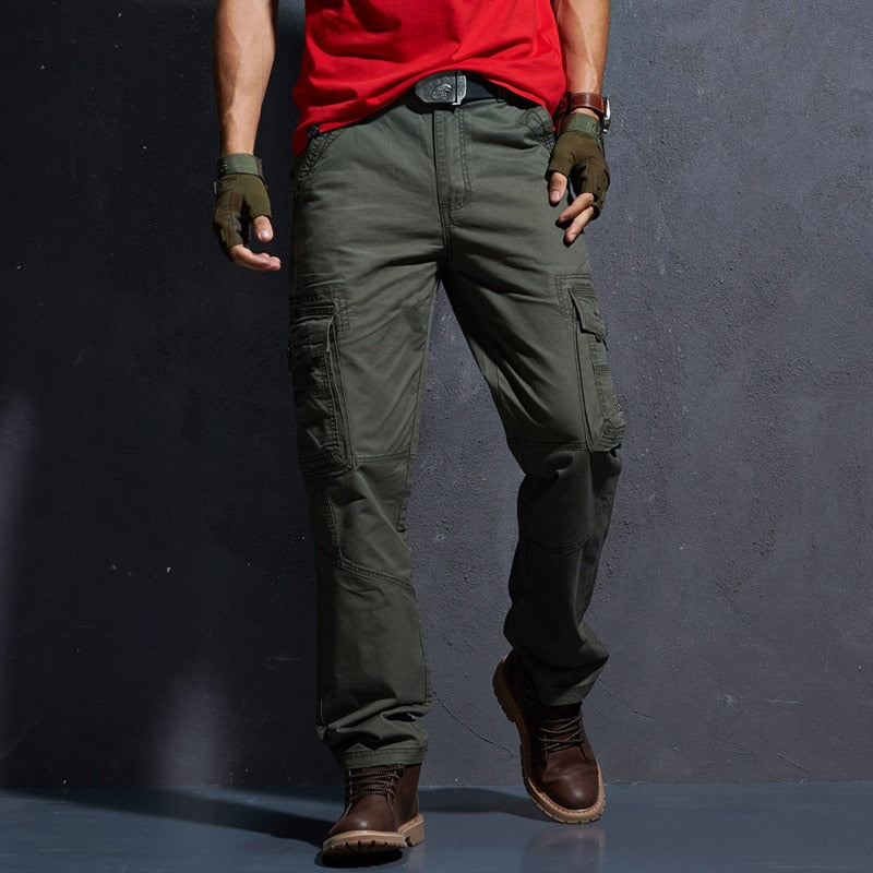 Men Mid Waist Straight Military Style Casual Cargo Pants Multi Pocket Overalls Trouser Male