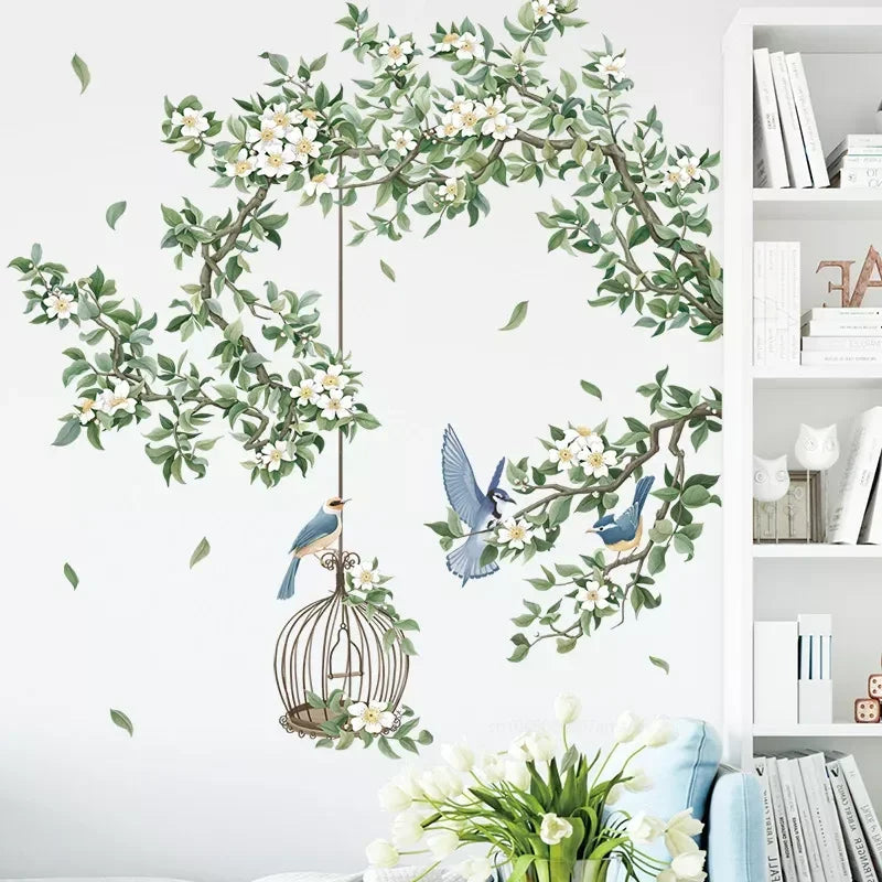 Flower Birdcage Flying Birds Wall Sticker Creative Home Decor Living Room Decals Wallpaper