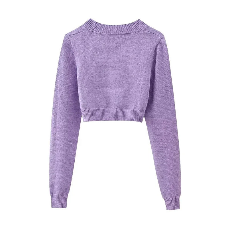 Women Long Sleeve Purple Crop Cardigan Coat