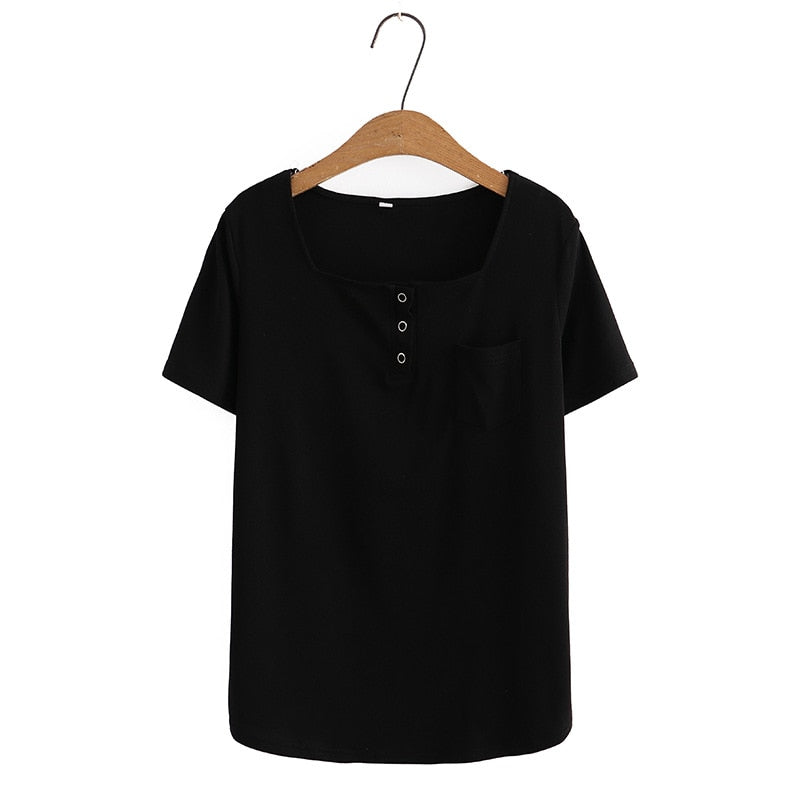 Women Summer Small Pocket With Square Collar Tees Short Sleeve Tops Oversized Curve Clothes