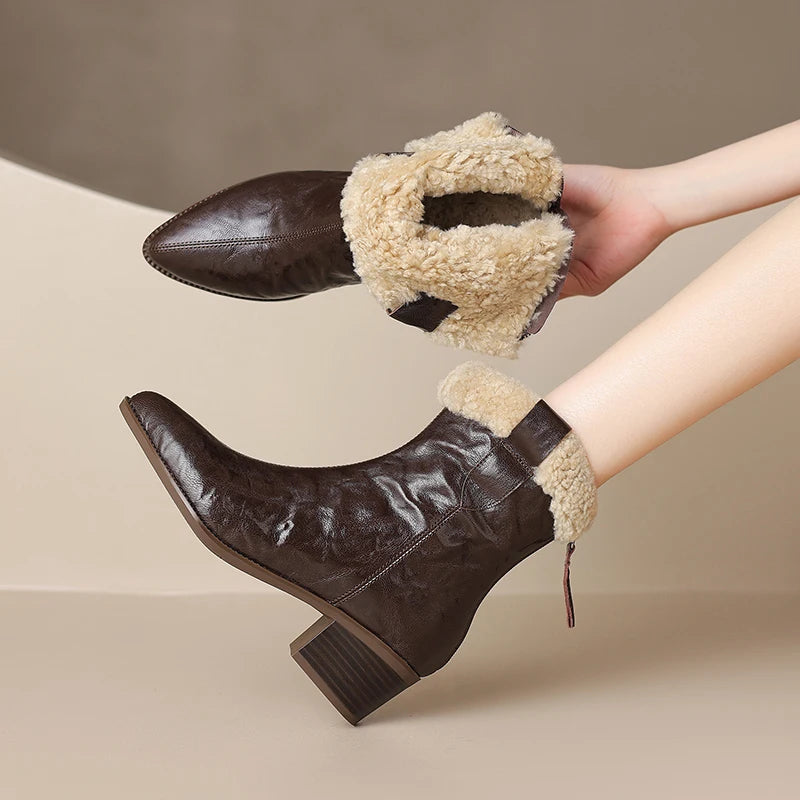 Women Ankle Boots Square Toe Short Boots Genuine leather Autumn Winter Wool Shoes