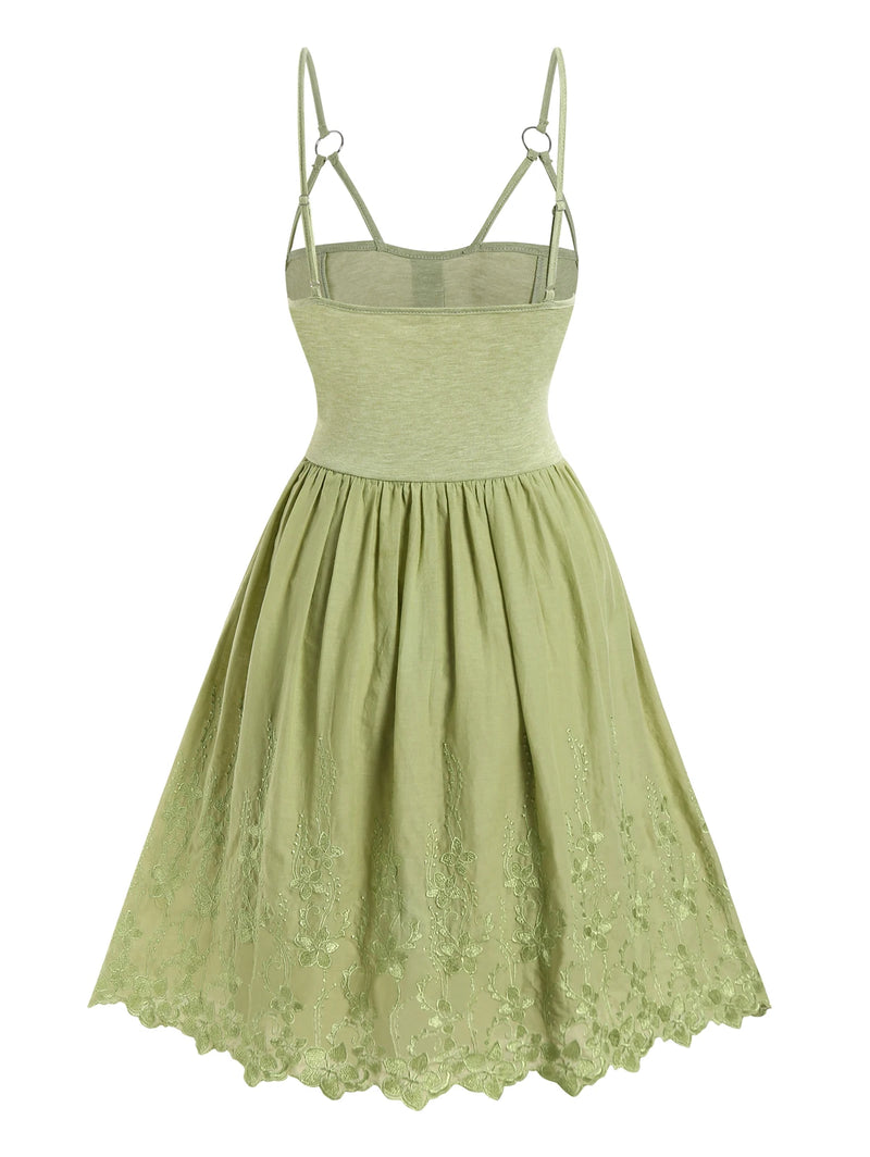 Flower Embroidery Dress Lace Up Mock Button Adjustable Straps Backless Robe Light Green For Spring