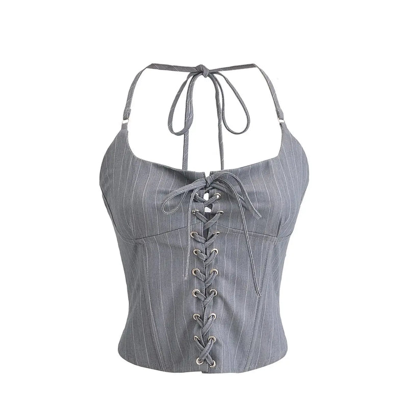 Striped Low Chest Slim Fit Camis Women Summer Corset Tanks Metal eyelets Cross Lacing up Bow Crop Top