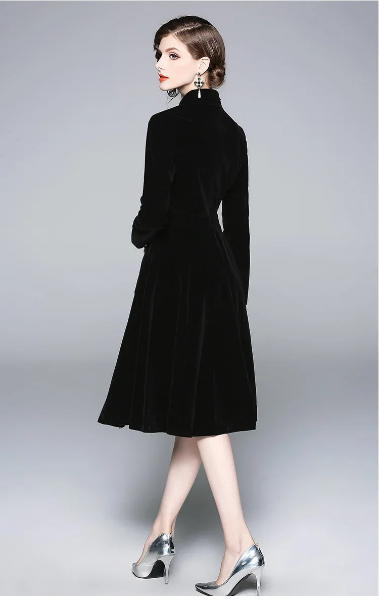 Women Autumn & Winter Elegant Velvet Dress Vintage Party Robe Designer Black