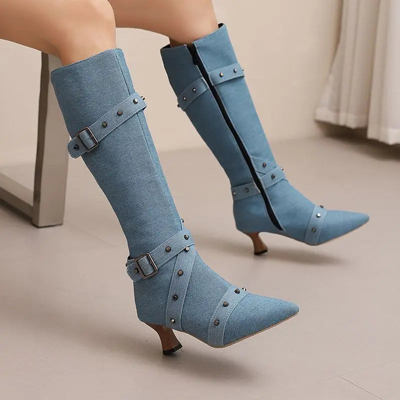 Women Knee High Boots Pointed Toe Strange Heel Zipper Metal Decoration Retro Booties