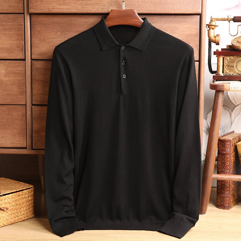 Men's Polo Collar Knit Sweater Autumn Solid Business Casual Wool Knit Pullovers