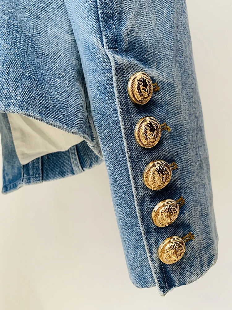 Jacket Women's Slim Fitting Double Breasted Lion Buttons Denim Blazer