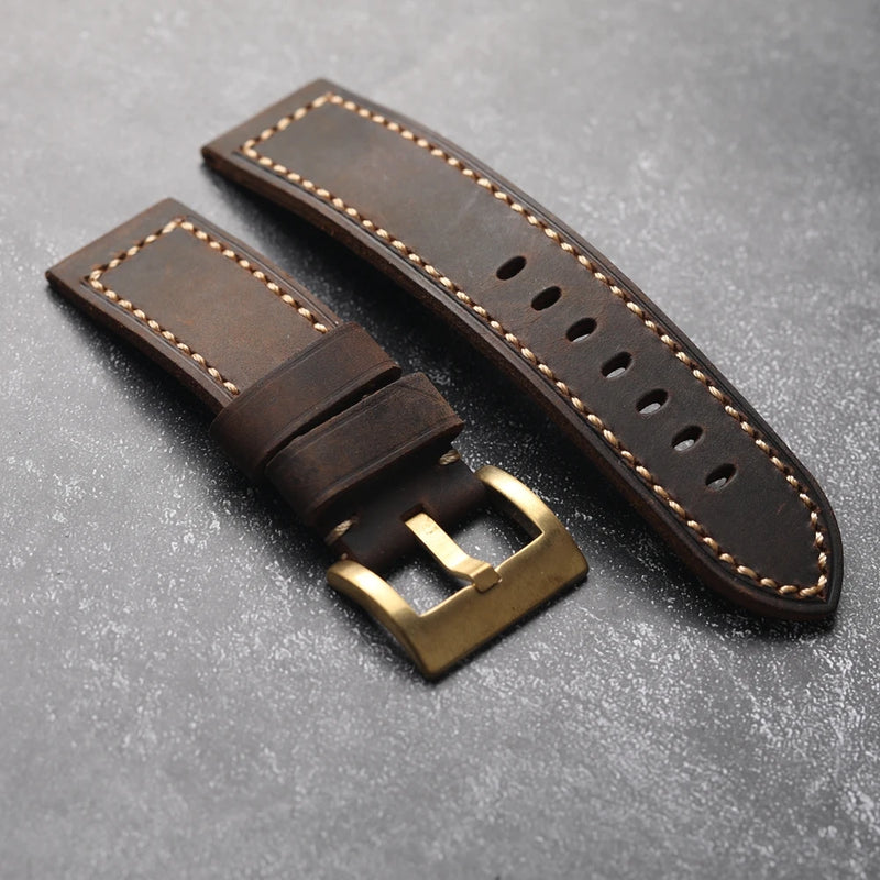 Vintage Brown Folding Head Layer Watch Band Thick Brass Buckle Genuine Leather Watch