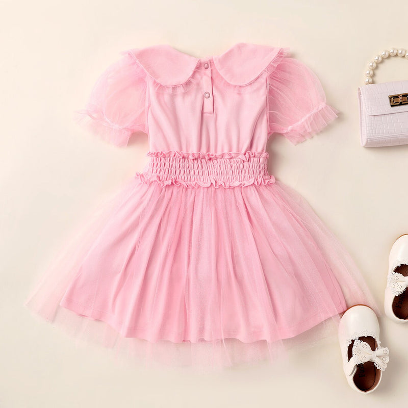 Toddler Girl Embroidered Statement Collar Puff-sleeve Mesh Dress