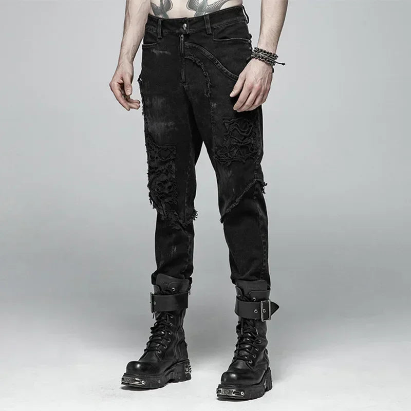 Men's Punk Rock Broken Gothic Casual Male Motocycle Denim Pants