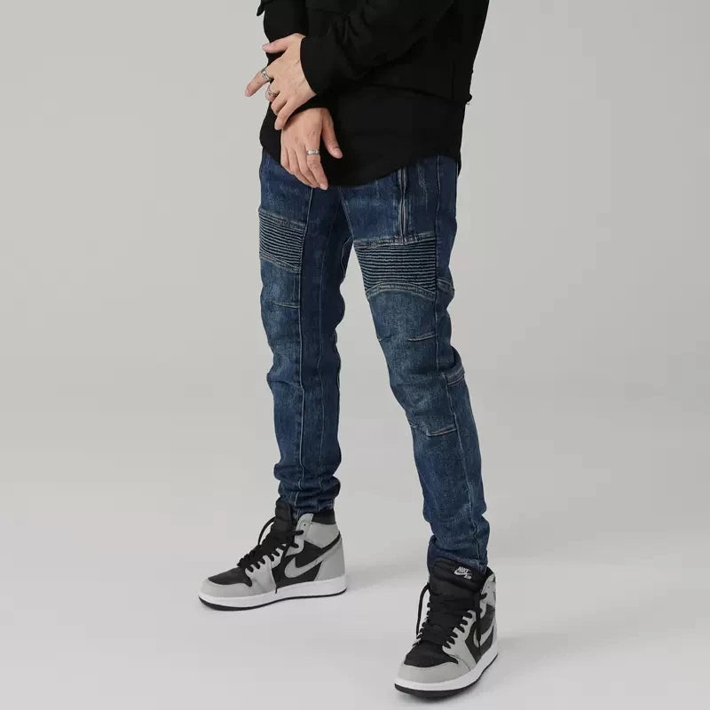 Men Jeans Retro Blue Elastic Slim Fit Spliced Biker Jeans Men Zipper Designer Patched Hip Hop Pants