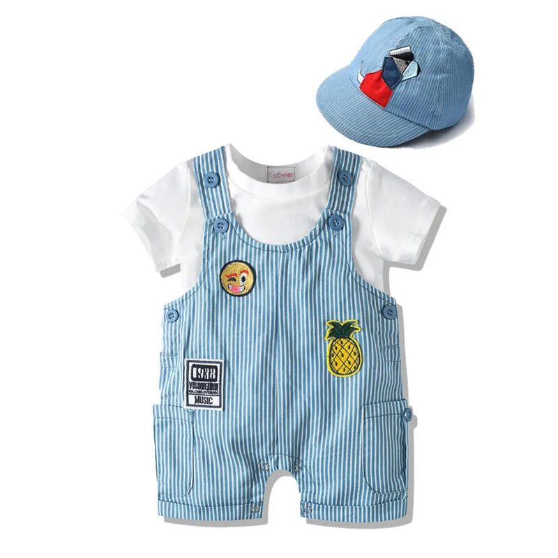 Newborn Boy Bodysuit Set Baby Boys Outfits Clothes Set Hat Overall Strap Blue Jumpsuit Costume Cotton Summer