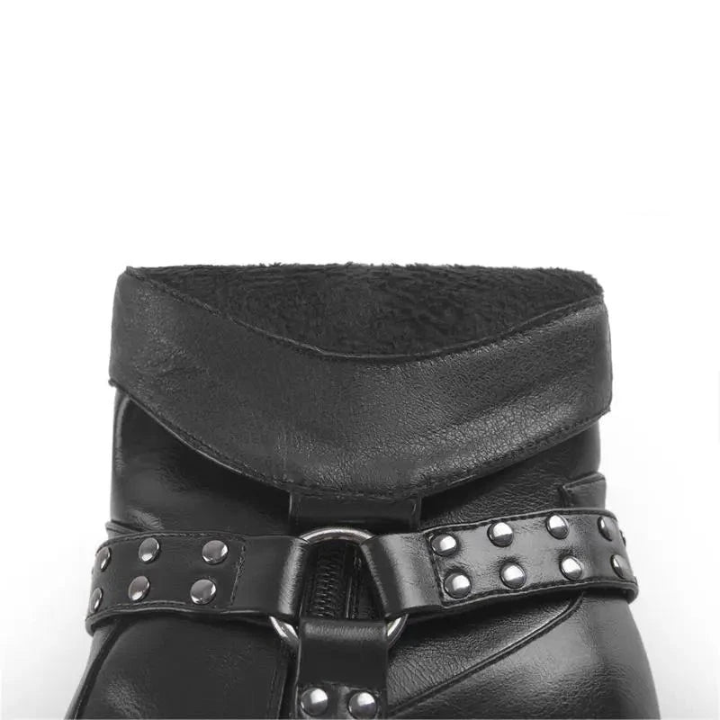 Women Pointed Toe Ankle High Boots Metal Decoration Zipper Belt Buckle Booties