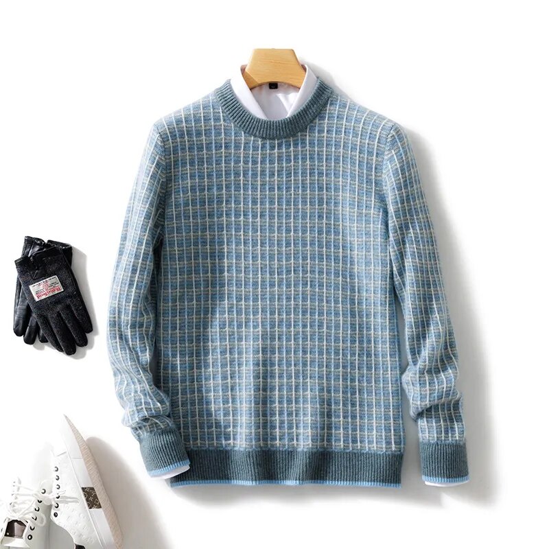 Men's Top Merino Wool Sweater O-Neck Plaid Pullover Autumn and Winter High-Grade Knitted Cashmere Sweater Men Pullover