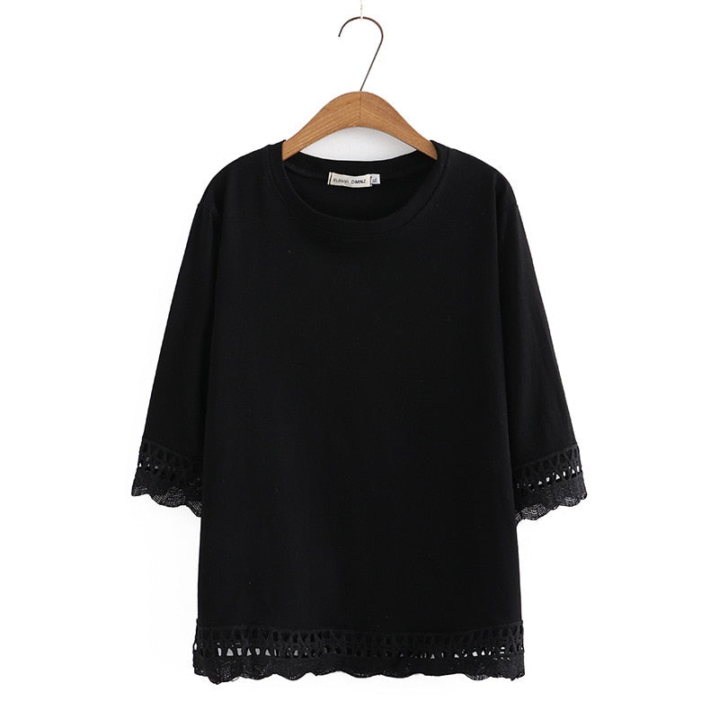 Women Spring O-Neck Tees Sweet Lace 3/4 Sleeve Bottoming Tops Oversized Curve Clothes