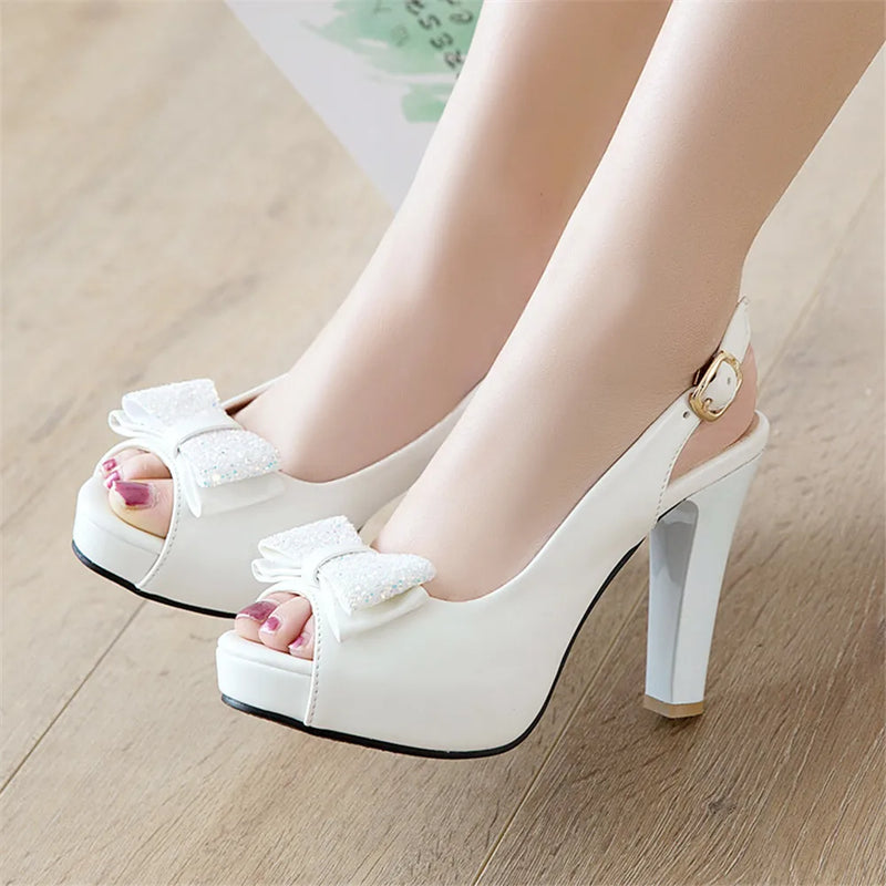 Women Platform High Heels Summer Bow Peep Toe Ladies Black Bride Wedding Shoes Party Pumps