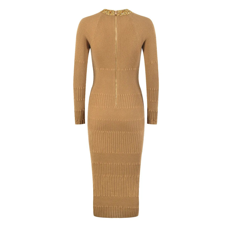 Beadings Collor Long Sleeve Midi Knit Women Dress Luxury Autumn Design