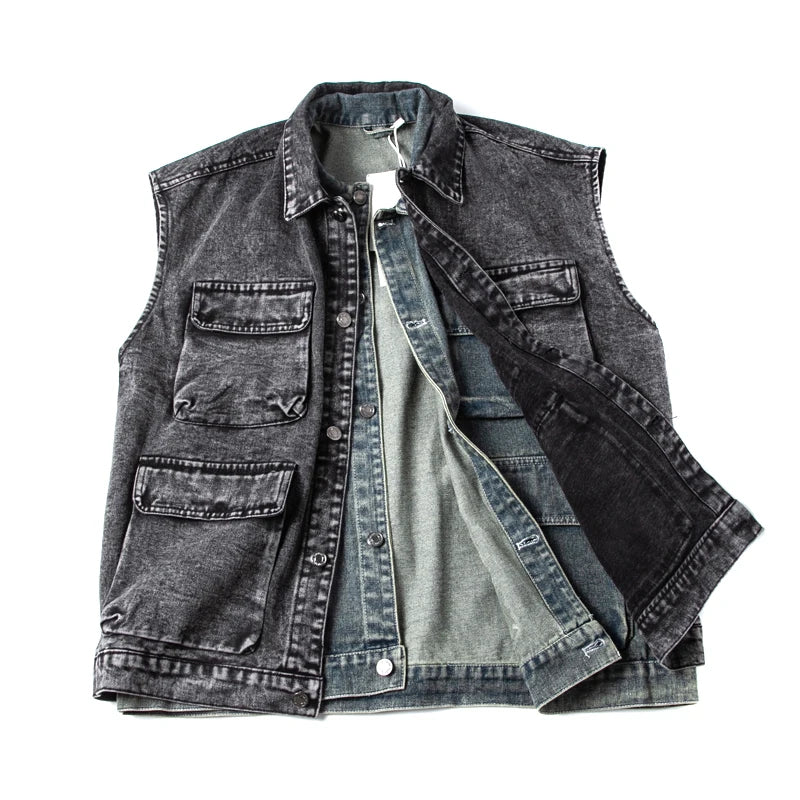 Denim Vest Men Spring Autumn Retro Waistcoat Casual Lapel Top Couple  Vest Jacket