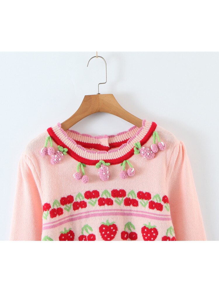 Women Autumn Winter Knit Cardigan Slim Cute O-Neck Strawberry Jacquard Reverse Wear Long Sleeve Sweater Female