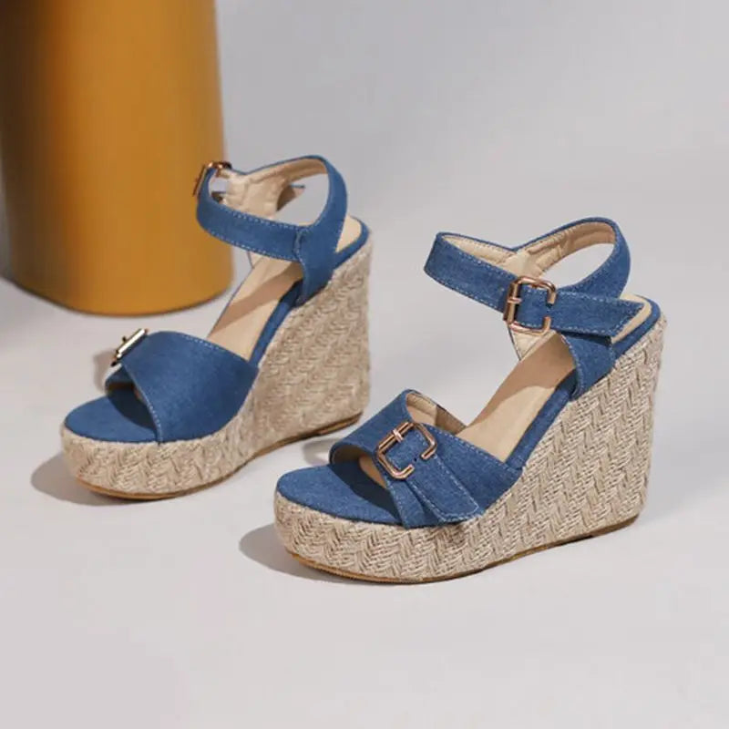 Sandals Peep Toe Jute Wedges Denim Buckle Straps Summer