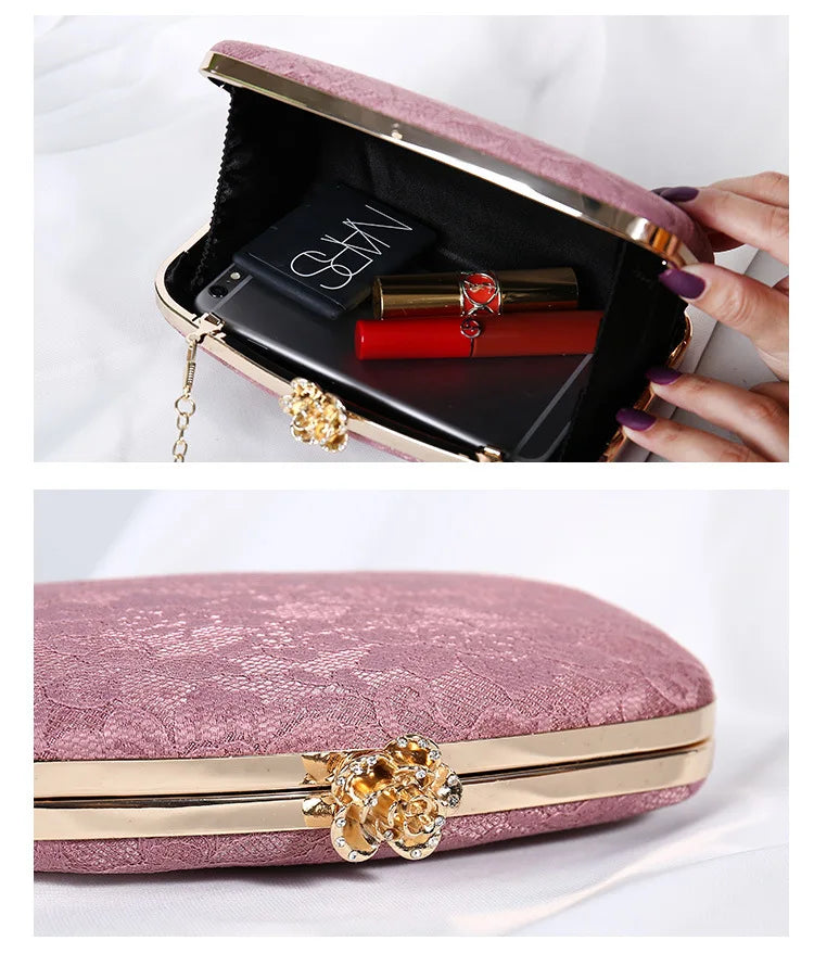 Female Bag Pink Lace Evening Clutch Purse Handbags Luxury Designer Bag Chain Bride Wallet