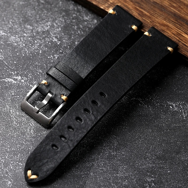 Handmade Genuine Leather Watchband Old Brown Black 18 20 22MM Soft Men's Vintage Bracelet First Layer Leather