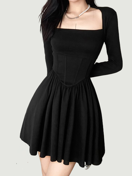 Dark Square Neck Mall Gothic Sexy Corset Dress For Women Long Sleeve Grunge A-line Dresses Black Bodycon Alt Partywear