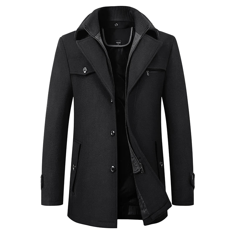 Winter Men's Woolen Windbreaker Coat Solid Trench Slim Fit Business Casual Wool Jacket Blends