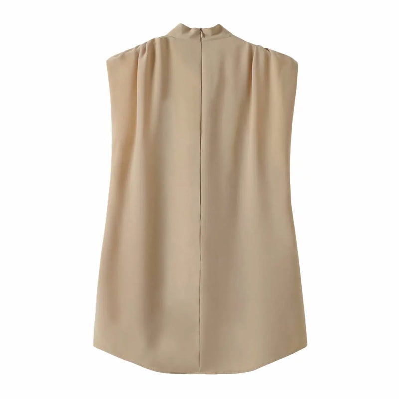 women stand collar pleats sleeveless smock shirt ladies blouses chic tops