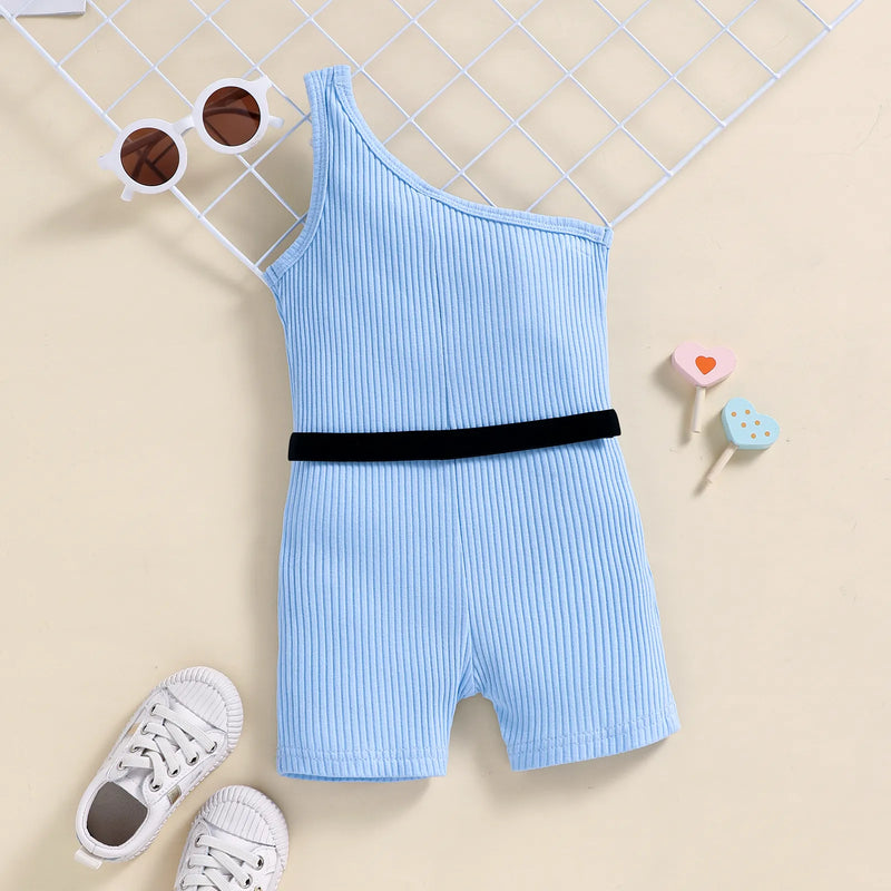Girls Summer Jumpsuits With Waist Pack Sleeveless One Shoulder Ribbed Elastic Playsuits Shorts