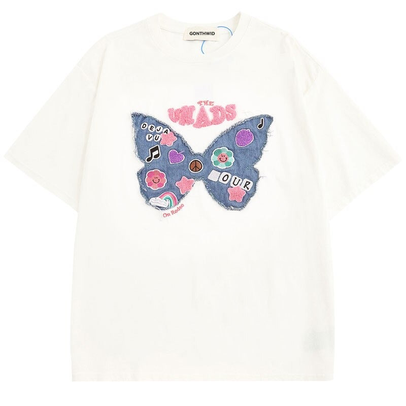 Retro Cute Embroidery Denim Butterfly Patch Streetwear Men Women Summer Cotton Top