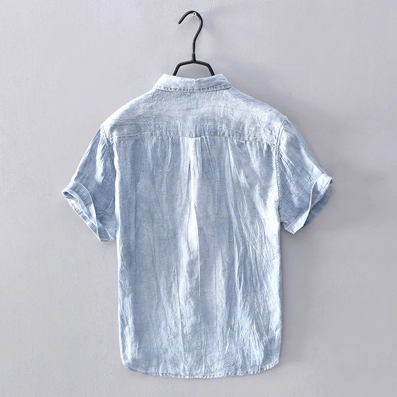 Linen Men's Shirt Oxford Spinning Solid Short Shirt Thin Casual Short-Sleeved Shirt