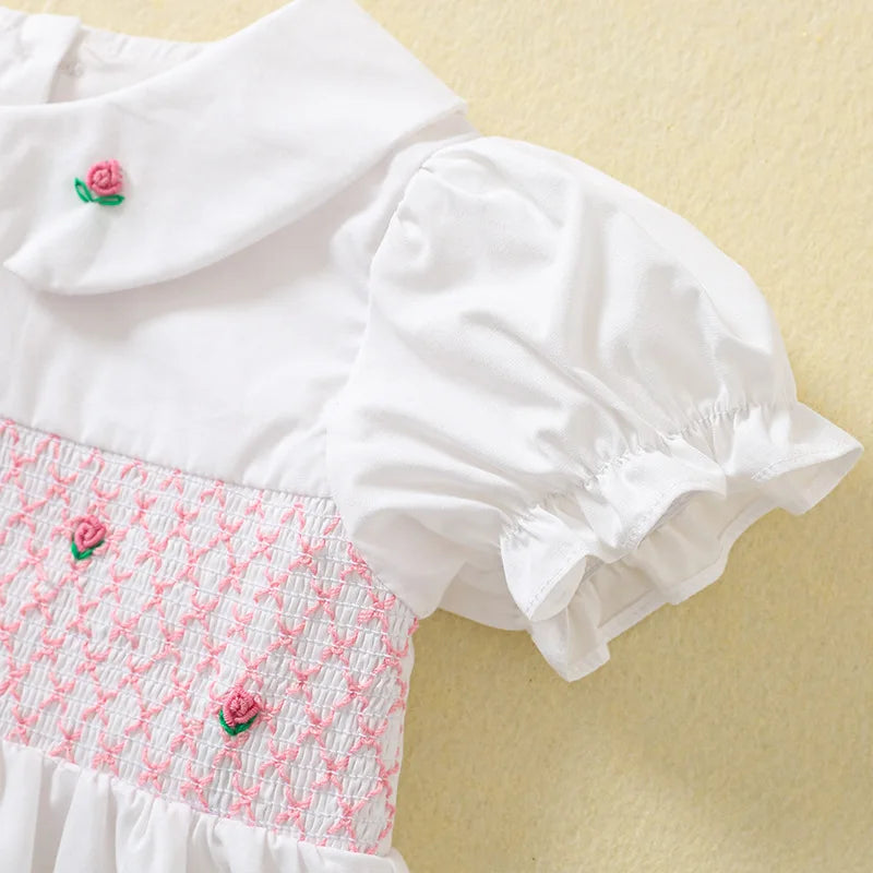 Baby Girls White Party Dresses With Flower Embroidery & Smocking Toddler Girl Cotton Dress Children Summer Clothing